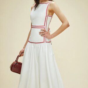 Cotton Contrast Trim-Back Tie Long Dress SZ L NWT